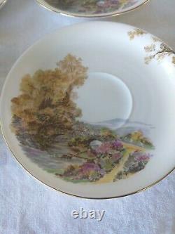 4 SETS SHELLEY England HEATHER Impressionism StoneBridge BoneChina Teacup Saucer