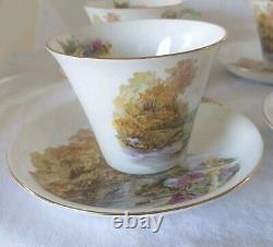 4 SETS SHELLEY England HEATHER Impressionism StoneBridge BoneChina Teacup Saucer