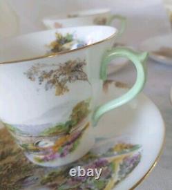 4 SETS SHELLEY England HEATHER Impressionism StoneBridge BoneChina Teacup Saucer