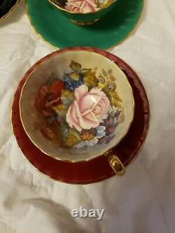 4 SPECTACULAR Aynsley Cabbage Rose Teacups & Saucers-SIGNED-J. A. Bailey