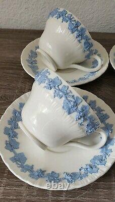 4 WEDGWOOD QUEENSWARE SHELL EDGE Embossed Lavender on Cream Tea Cups & Saucers