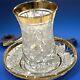 5 Sets Crystal Clear Cut Glass Tea Cup Saucer Set-gold Trim Design (10 Pcs)
