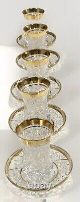 5 Sets Crystal Clear Cut Glass Tea Cup Saucer Set-Gold Trim Design (10 pcs)
