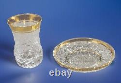 5 Sets Crystal Clear Cut Glass Tea Cup Saucer Set-Gold Trim Design (10 pcs)