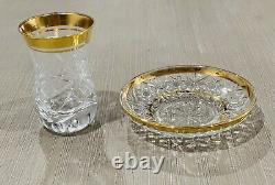 5 Sets Crystal Clear Cut Glass Tea Cup Saucer Set-Gold Trim Design (10 pcs)
