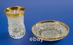 5 Sets Crystal Clear Cut Glass Tea Cup Saucer Set-Gold Trim Design (10 pcs)