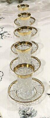 5 Sets Of Vintage Czech Crystal Gold Trimmed Tea Glasses & Saucer (10 Pieces)