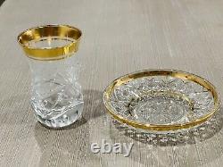 5 Sets Of Vintage Czech Crystal Gold Trimmed Tea Glasses & Saucer (10 Pieces)