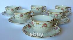 6 Antique Limoges French Pink Roses Swags Tea Cup & Saucer Set