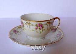 6 Antique Limoges French Pink Roses Swags Tea Cup & Saucer Set