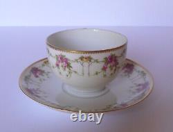 6 Antique Limoges French Pink Roses Swags Tea Cup & Saucer Set