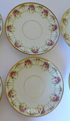 6 Antique Limoges French Pink Roses Swags Tea Cup & Saucer Set