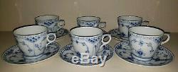 (6) Royal Copenhagen Blue Fluted Half Lace Tea Cups & Saucers #756 -Mint