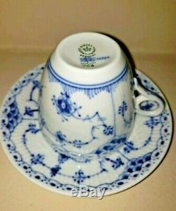 (6) Royal Copenhagen Blue Fluted Half Lace Tea Cups & Saucers #756 -Mint