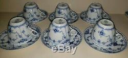 (6) Royal Copenhagen Blue Fluted Half Lace Tea Cups & Saucers #756 -Mint