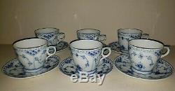 (6) Royal Copenhagen Blue Fluted Half Lace Tea Cups & Saucers #756 -Mint