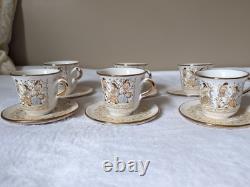 6 set GREECE 24 K Gold TEA CUP & SAUCER Greek Mythology Gold White 6 Cups
