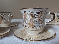 6 set GREECE 24 K Gold TEA CUP & SAUCER Greek Mythology Gold White 6 Cups