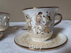 6 set GREECE 24 K Gold TEA CUP & SAUCER Greek Mythology Gold White 6 Cups