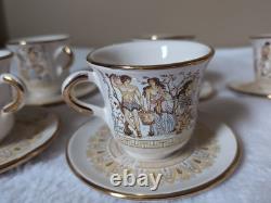 6 set GREECE 24 K Gold TEA CUP & SAUCER Greek Mythology Gold White 6 Cups