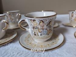 6 set GREECE 24 K Gold TEA CUP & SAUCER Greek Mythology Gold White 6 Cups