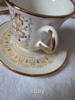 6 set GREECE 24 K Gold TEA CUP & SAUCER Greek Mythology Gold White 6 Cups