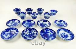 7 Antique Flow Blue teacups & 8 saucers Various makers Scinde Davenport Amoy
