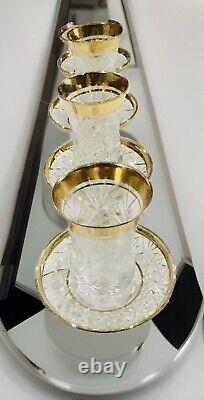 8 Pieces 4 Sets Etched Cut Czech Crystal Glass Tea Cup Saucer Set-Gold Trim