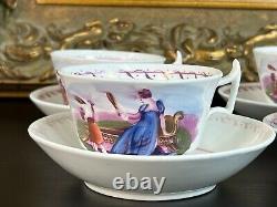 AMAZING Set Of 4 Antique Adam Buck 19th c. English Porcelain Tea Cups & Saucers