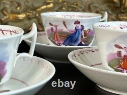 AMAZING Set Of 4 Antique Adam Buck 19th c. English Porcelain Tea Cups & Saucers