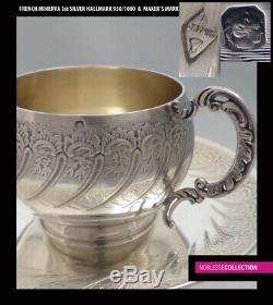 ANTIQUE 1880s FRENCH STERLING SILVER & VERMEIL COFFEE/TEA CUP & SAUCER 194g