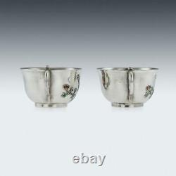 ANTIQUE 19thC CHINESE EXPORT SOLID SILVER & ENAMEL TEA CUPS c. 1880