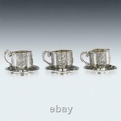 ANTIQUE 19thC CHINESE SOLID SILVER THREE TEA CUPS & SAUCERS, NAM-HING c. 1890