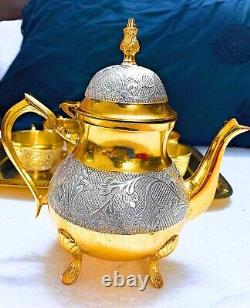 ANTIQUE Brass Complete Tea Set with 6 Cups, 6 Saucers, 1 Tea Pot, 1 Sugar Pot