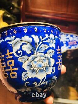 ANTIQUE Chinese Blue White CANTON Floral Enamel Brass Tea Cup & Saucer BEAUTIFUL