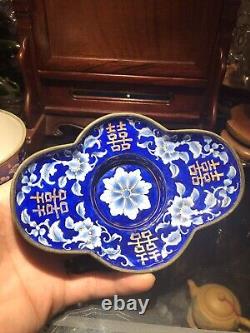 ANTIQUE Chinese Blue White CANTON Floral Enamel Brass Tea Cup & Saucer BEAUTIFUL