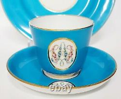 ANTIQUE Minton Trio Cup Saucer Dessert Plate Ground Blue Hand Painted Roses