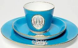 ANTIQUE Minton Trio Cup Saucer Dessert Plate Ground Blue Hand Painted Roses