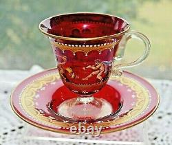 ANTIQUE SALVIATI MOSER ENAMELED CRANBERRY RUBY RED VENETIAN TEA CUP c. 1925