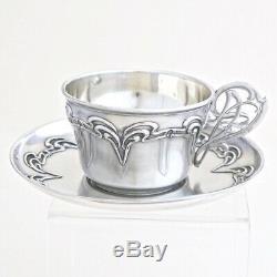 ART NOUVEAU C. 1900 Antique French Sterling Silver Tea Coffee Cup & Saucer Set 2p