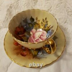 AYNSLEY CABBAGE ROSE TEACUP/SAUCER J. A. BAILEY on PALE YELLOW BACKGROUND
