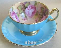 AYNSLEY CHINA CABBAGE ROSE 1031 FOOTED TEA CUP & SAUCER (Ref6432)