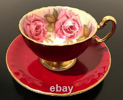 AYNSLEY England BURGUNDY RED TEA CUP & SAUCER with LARGE PINK CABBAGE ROSES