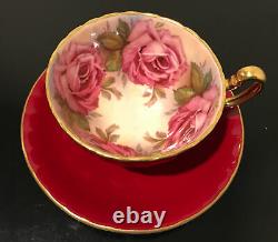 AYNSLEY England BURGUNDY RED TEA CUP & SAUCER with LARGE PINK CABBAGE ROSES