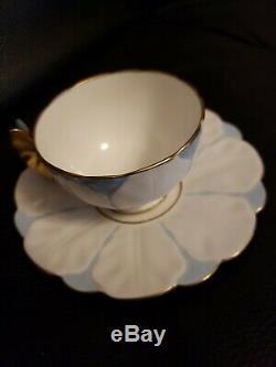 AYNSLEY FLOWER DESIGN GOLD BUTTERFLY HANDLE CUP AND SAUCER SET-WHITE and BLUE