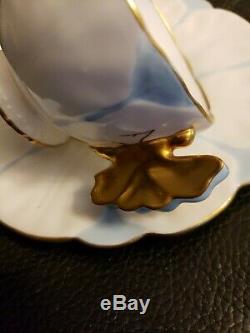 AYNSLEY FLOWER DESIGN GOLD BUTTERFLY HANDLE CUP AND SAUCER SET-WHITE and BLUE