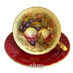 AYNSLEY FRUIT ORCHARD Tea Cup & Saucer Burgundy Red Maroon Signed D. Jones #1034