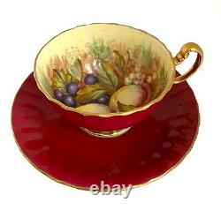 AYNSLEY FRUIT ORCHARD Tea Cup & Saucer Burgundy Red Maroon Signed D. Jones #1034