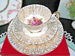 AYNSLEY tea cup and saucer trio roses gold gilt teacup cabbage rose England Oban