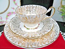 AYNSLEY tea cup and saucer trio roses gold gilt teacup cabbage rose England Oban